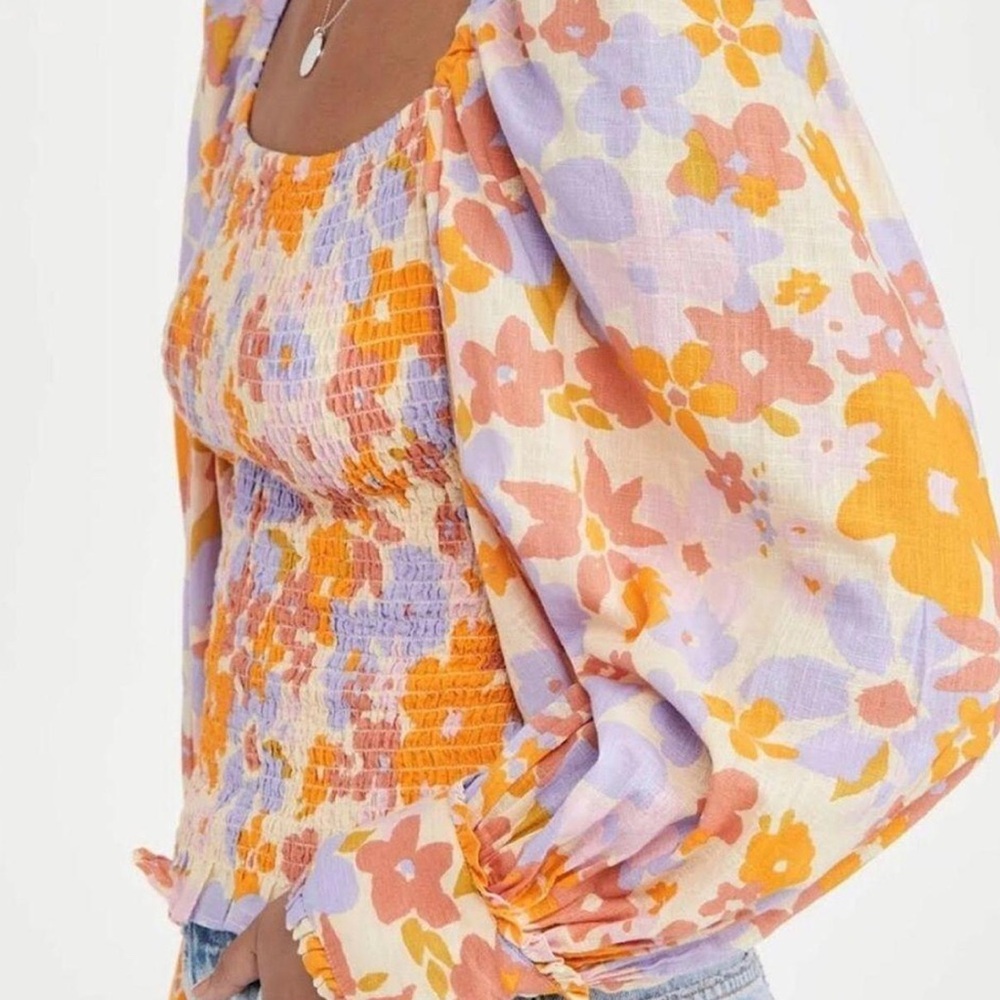 Free People Size Large Floral Smocked Top Cotton Balloon Sleeve Orange Blue Pink - Picture 2 of 16